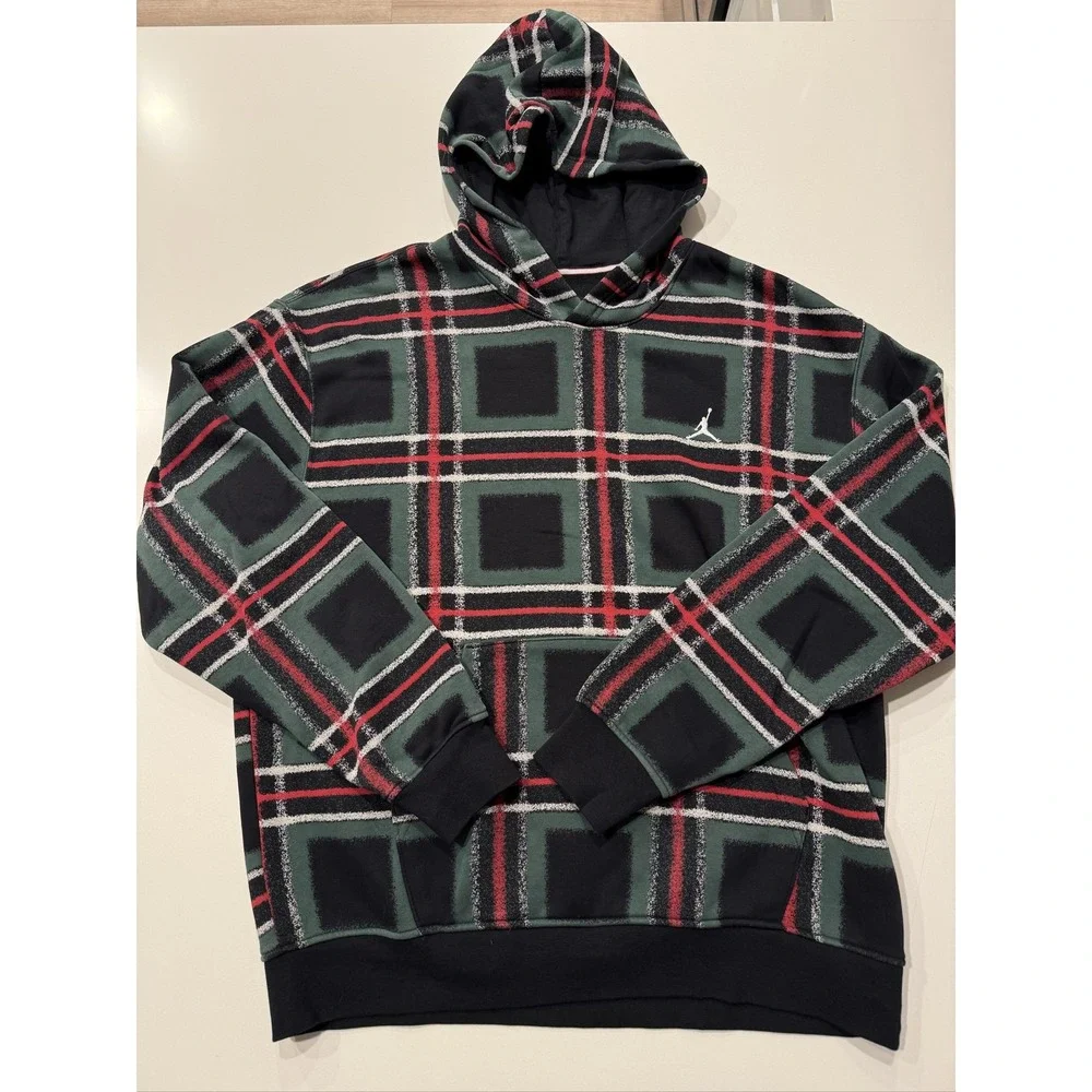 Jordan Essentials Fleece Pullover Hoodie Mens L Plaid Green Black FV7458-010
